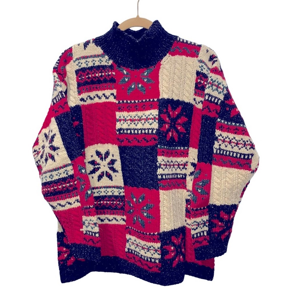Jones New York - vintage patchwork knit sweater, thick wool, slightly baggy